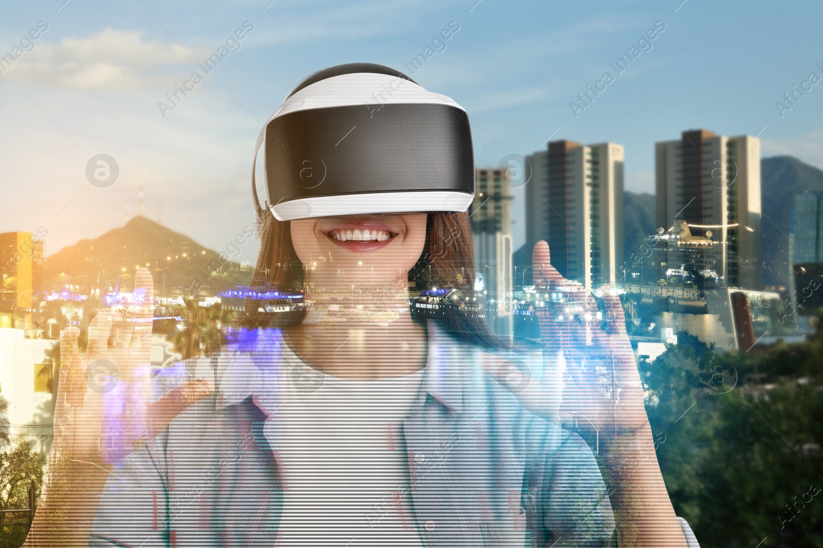 Image of Developer using virtual reality headset in project. Modern technology. Double exposure of woman and cityscape