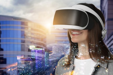 Image of Developer using virtual reality headset in project. Modern technology. Double exposure of woman and cityscape