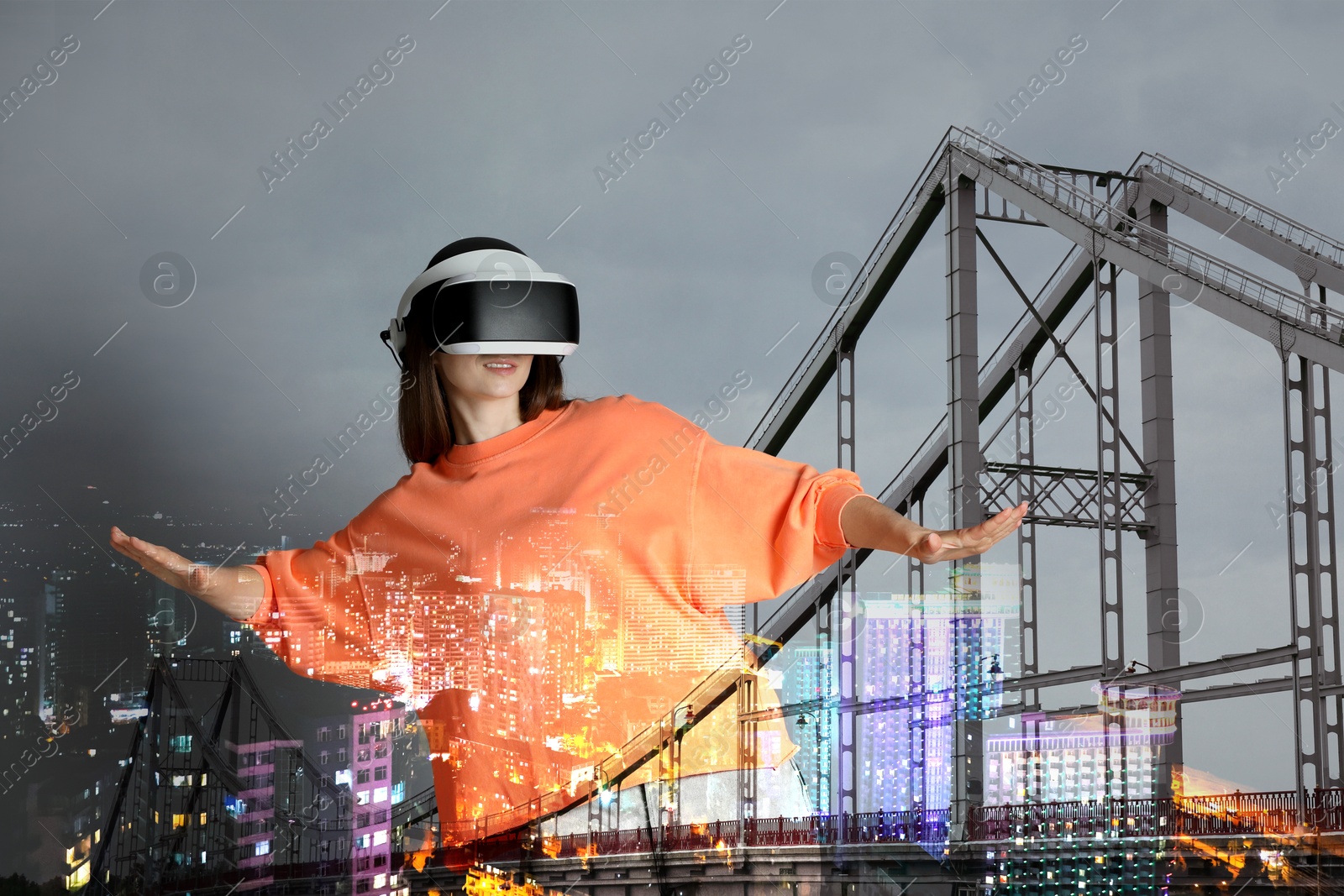 Image of Developer using virtual reality headset in project. Modern technology. Double exposure of woman and cityscape