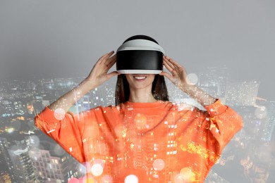 Image of Developer using virtual reality headset in project. Modern technology. Double exposure of woman and cityscape
