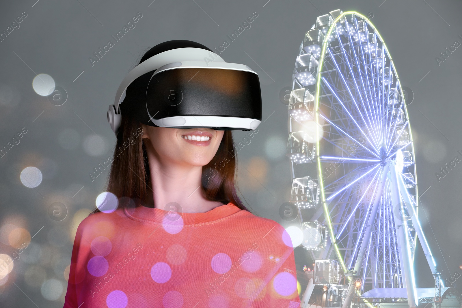 Image of Developer using virtual reality headset in project. Modern technology. Double exposure of woman and observation wheel