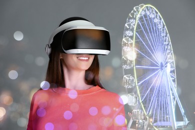 Image of Developer using virtual reality headset in project. Modern technology. Double exposure of woman and observation wheel