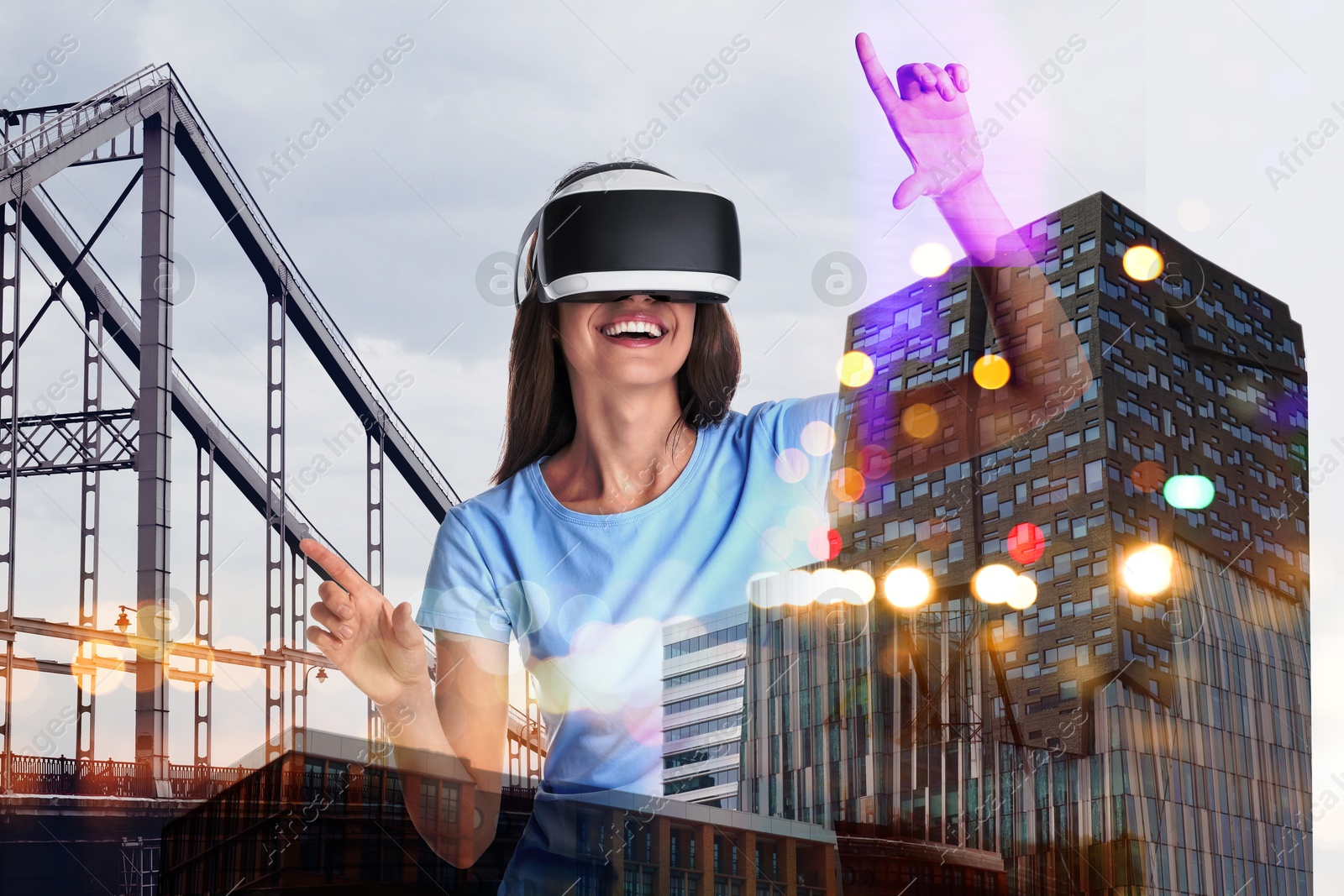 Image of Developer using virtual reality headset in project. Modern technology. Double exposure of woman and cityscape