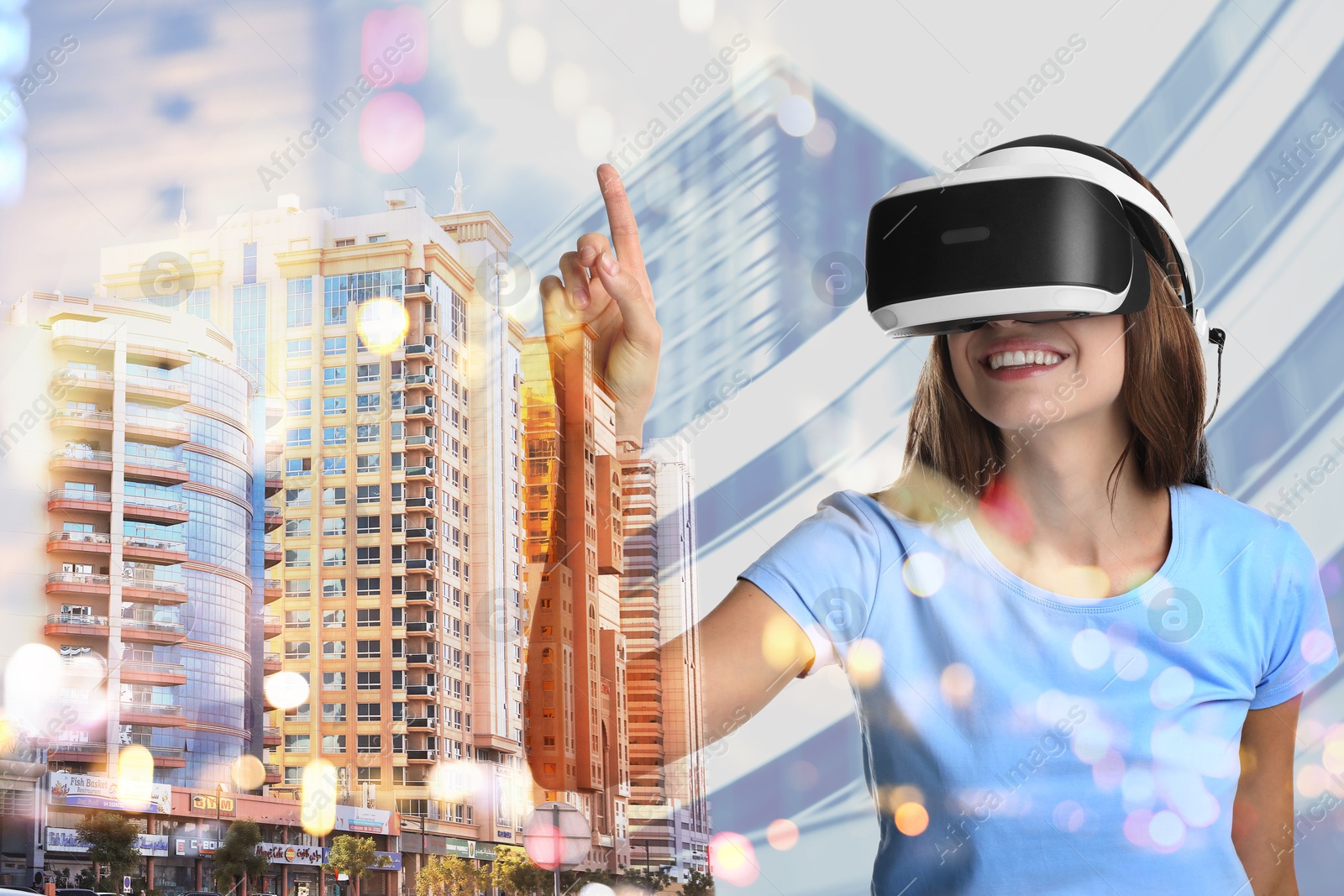 Image of Developer using virtual reality headset in project. Modern technology. Double exposure of woman and cityscape