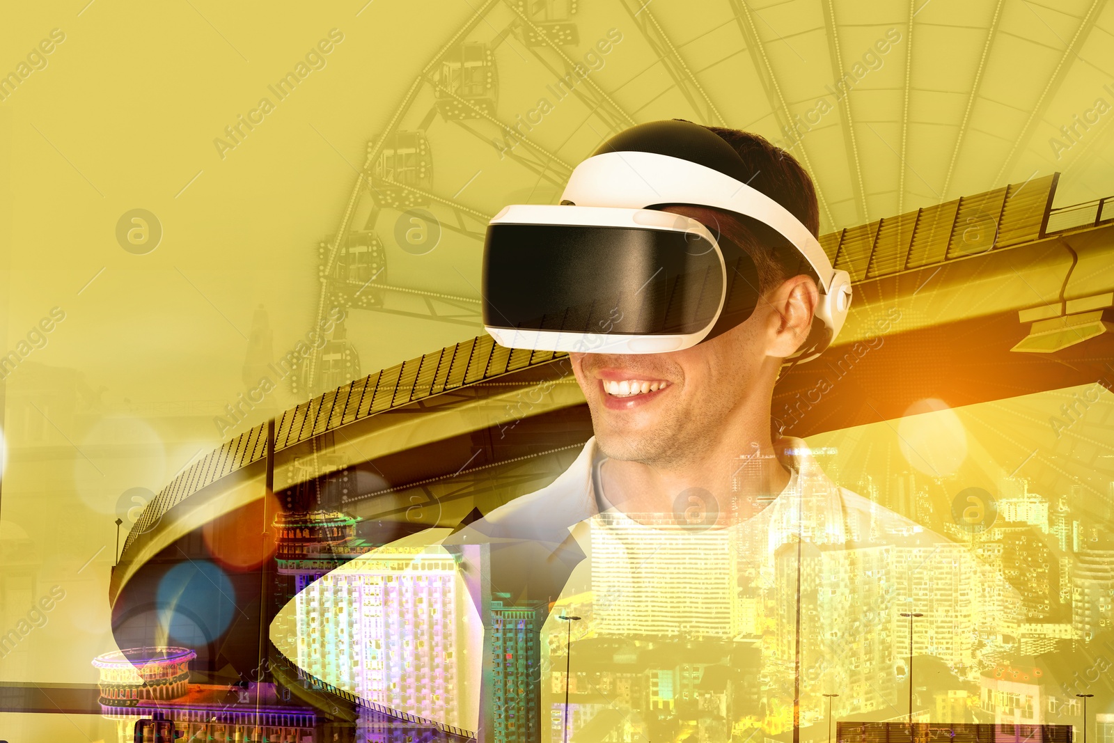 Image of Developer using virtual reality headset in project. Modern technology. Double exposure of man and cityscape