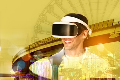 Image of Developer using virtual reality headset in project. Modern technology. Double exposure of man and cityscape