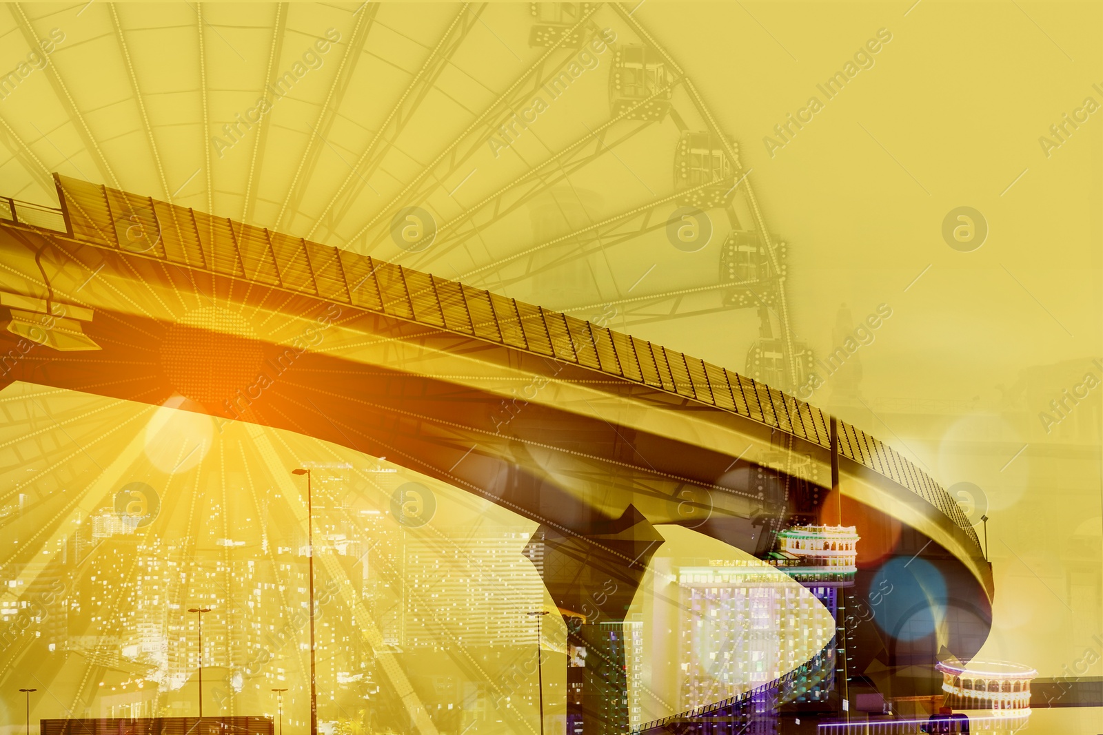 Image of Multiple exposure with city, bridge and observation wheel