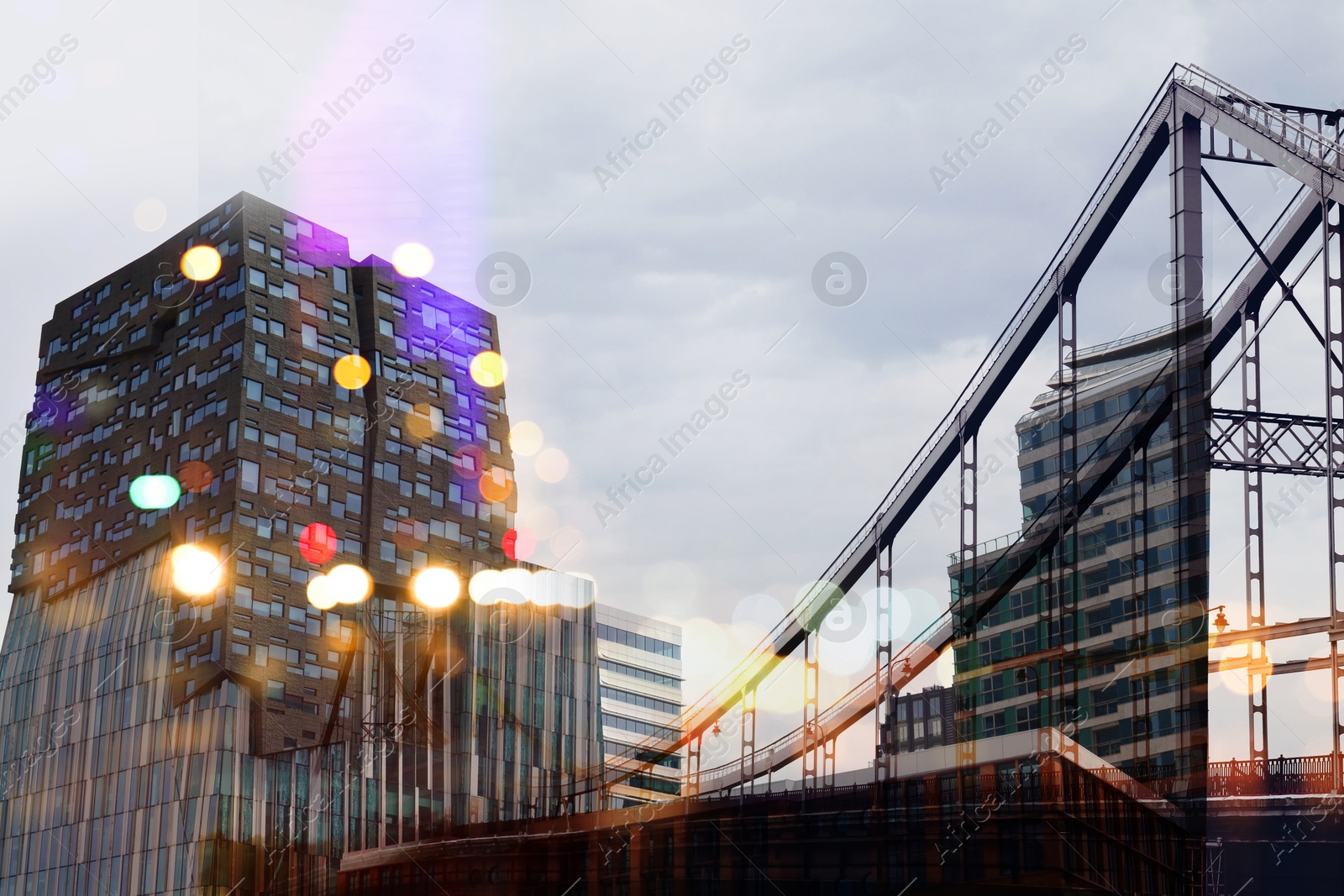 Image of City with buildings and blurred lights, double exposure