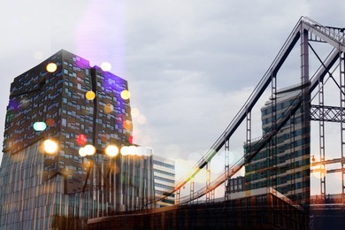 Image of City with buildings and blurred lights, double exposure