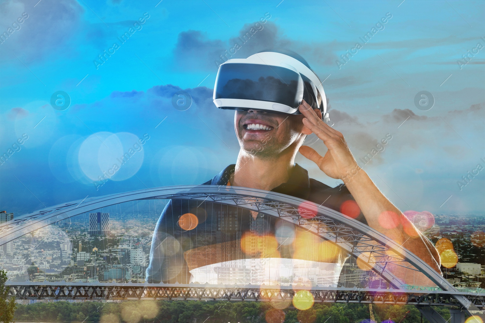 Image of Developer using virtual reality headset in project. Modern technology. Double exposure of man and cityscape