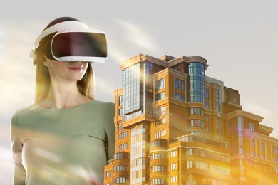Image of Developer using virtual reality headset in project. Modern technology. Double exposure of woman and building