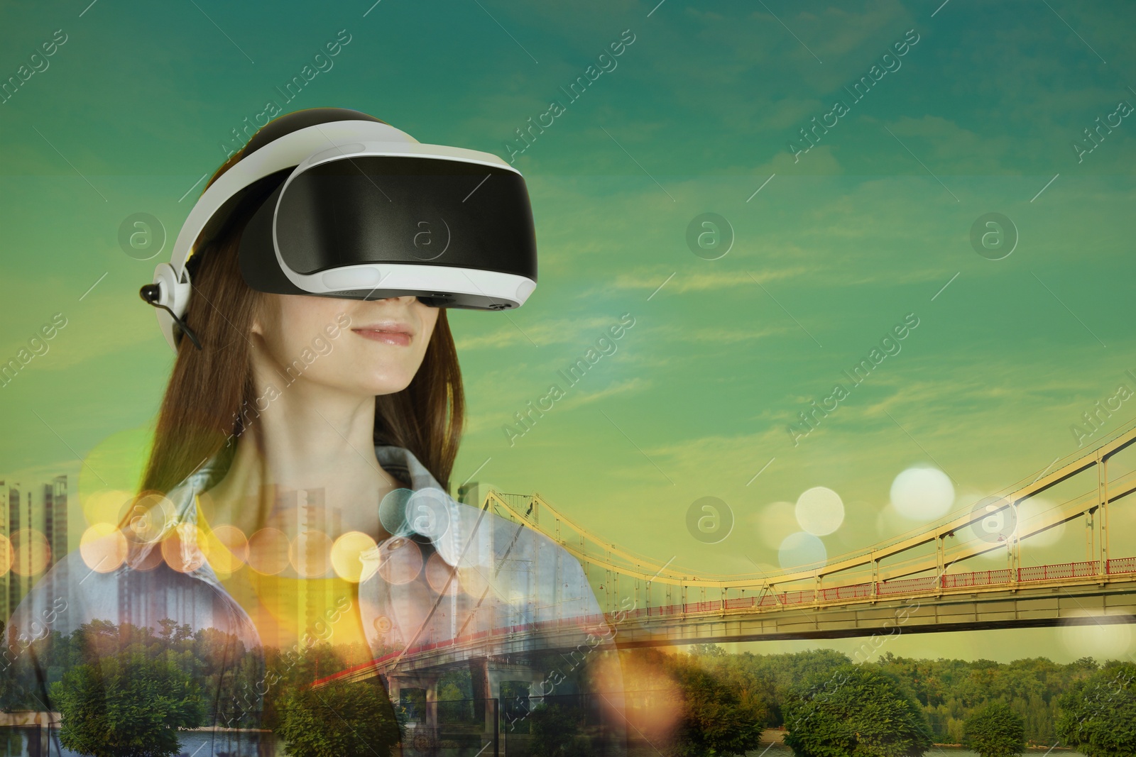 Image of Developer using virtual reality headset in project. Modern technology. Double exposure of woman and cityscape