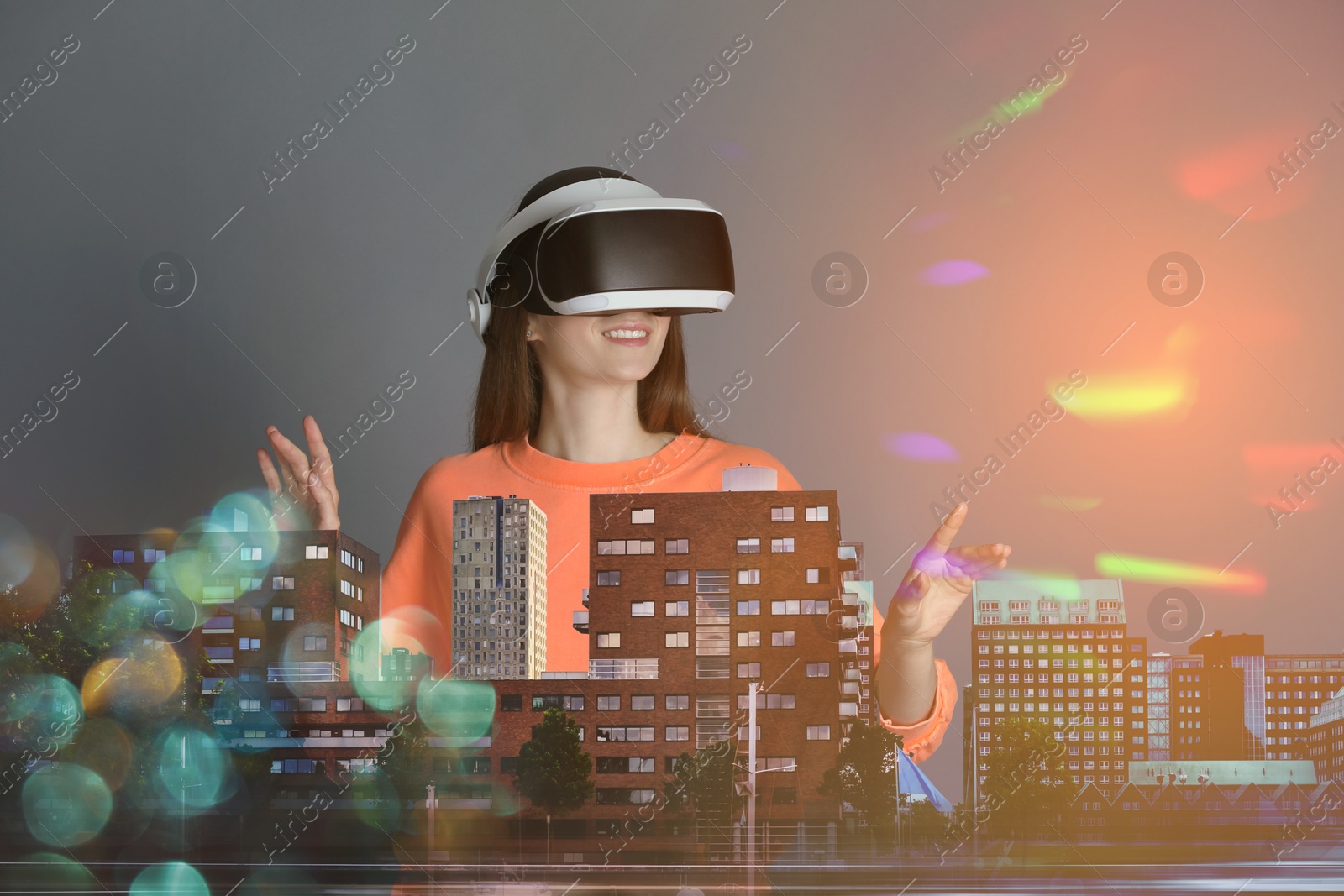 Image of Developer using virtual reality headset in project. Modern technology. Double exposure of woman and cityscape