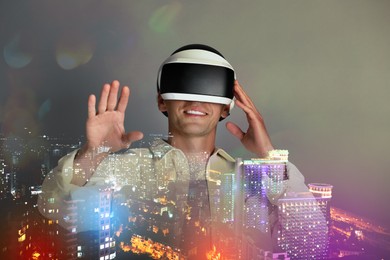 Image of Developer using virtual reality headset in project. Modern technology. Double exposure of man and cityscape