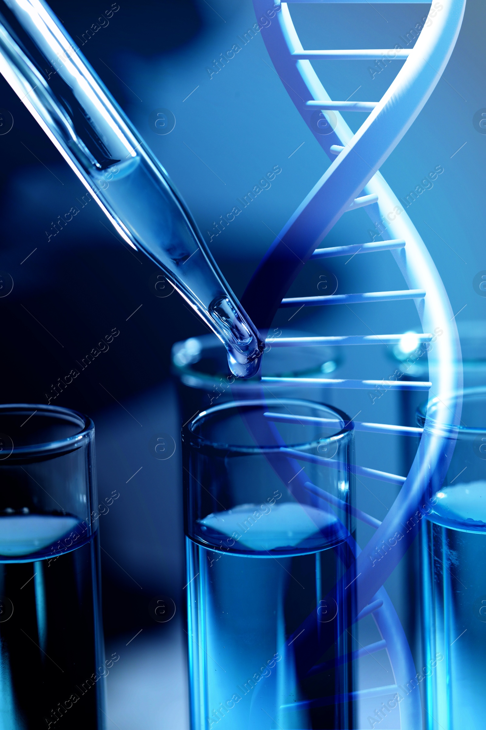 Image of Illustration of DNA and dripping sample into test tube in laboratory, double exposure