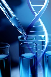 Image of Illustration of DNA and dripping sample into test tube in laboratory, double exposure