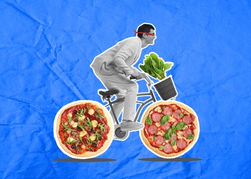 Image of Man riding bicycle with pizza wheels on crumpled blue paper background. Creative collage