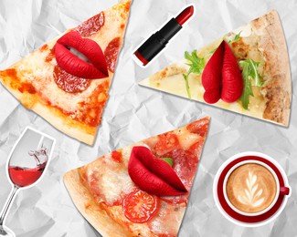 Image of Creative collage of pizza slices with woman's red lips on crumpled paper