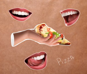 Image of Creative collage of man's hand holding pizza slice and women's lips on paper background