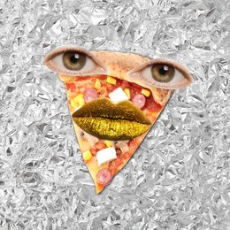 Image of Pizza slice with eyes and golden lips on crumpled foil, creative collage