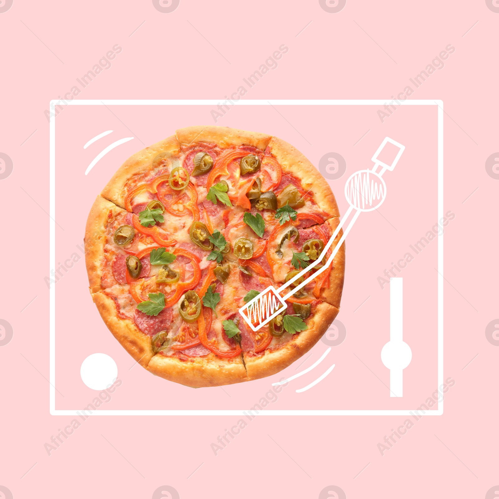 Image of Pizza as vinyl record with illustration of turntable on pink background, top view. Creative collage