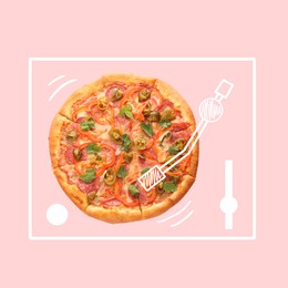 Pizza as vinyl record with illustration of turntable on pink background, top view. Creative collage