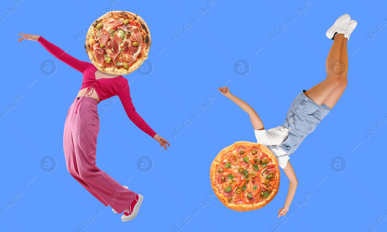 Image of Women with pizzas instead of heads on light blue background. Creative collage