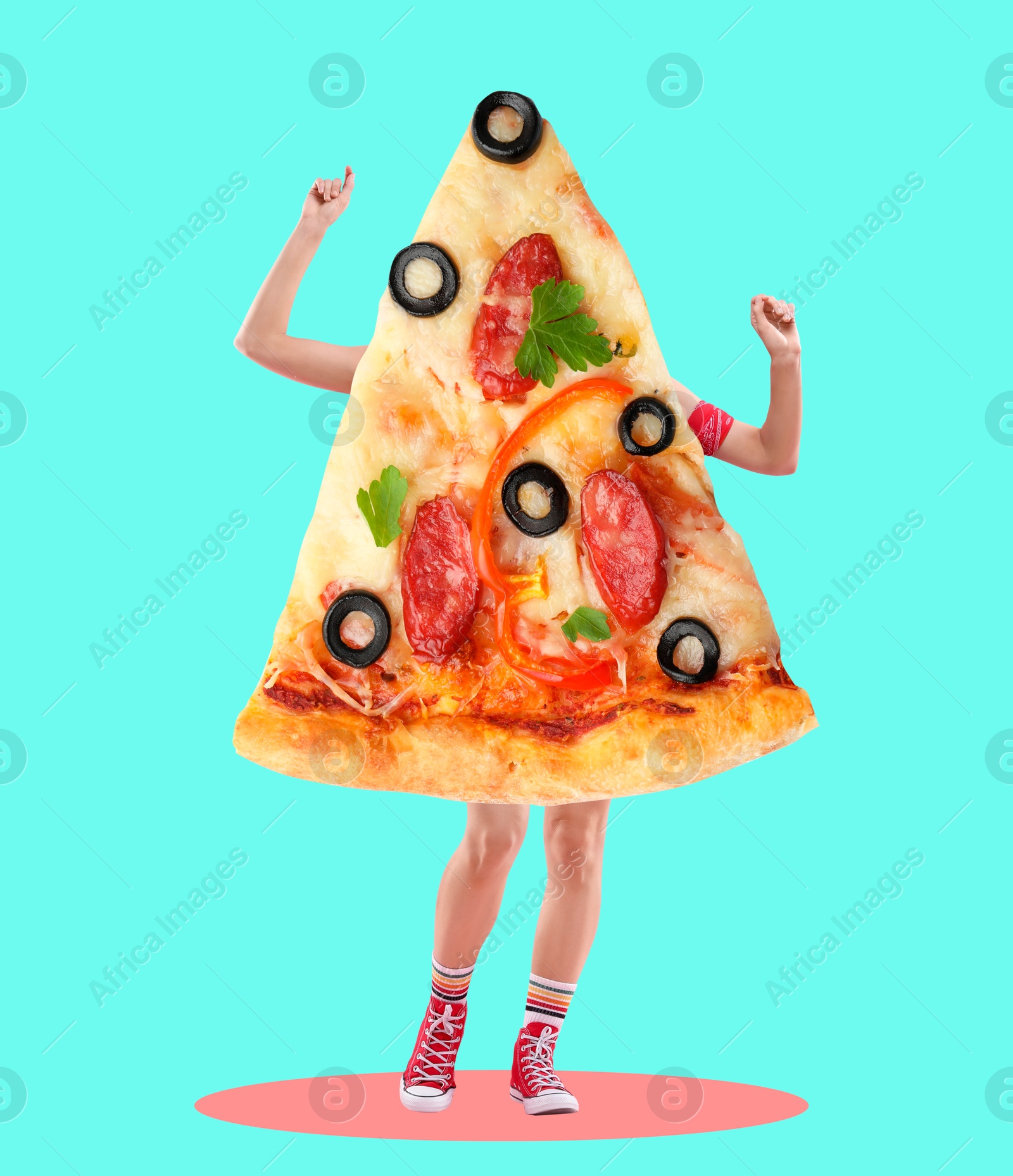 Image of Dancing pizza slice with hands and legs on turquoise background. Creative collage