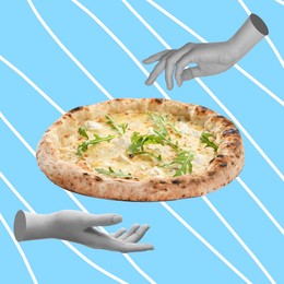 Image of Creative collage with pizza and women's hands on striped light blue background