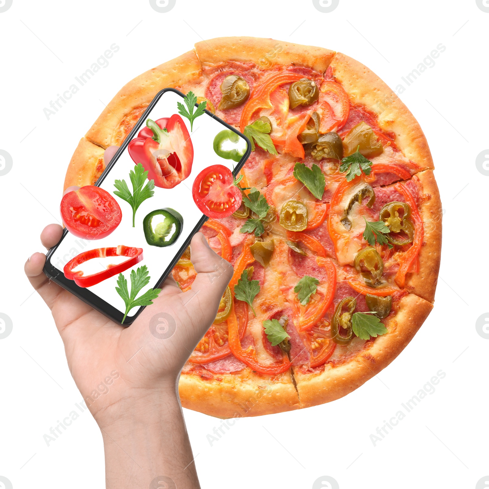 Image of Man holding phone with fresh ingredient over pizza on white background, creative collage