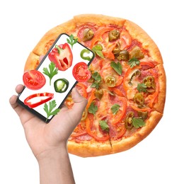 Man holding phone with fresh ingredient over pizza on white background, creative collage