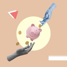 Image of Creative collage with piggy bank, coins, mannequin and man's hands on color background