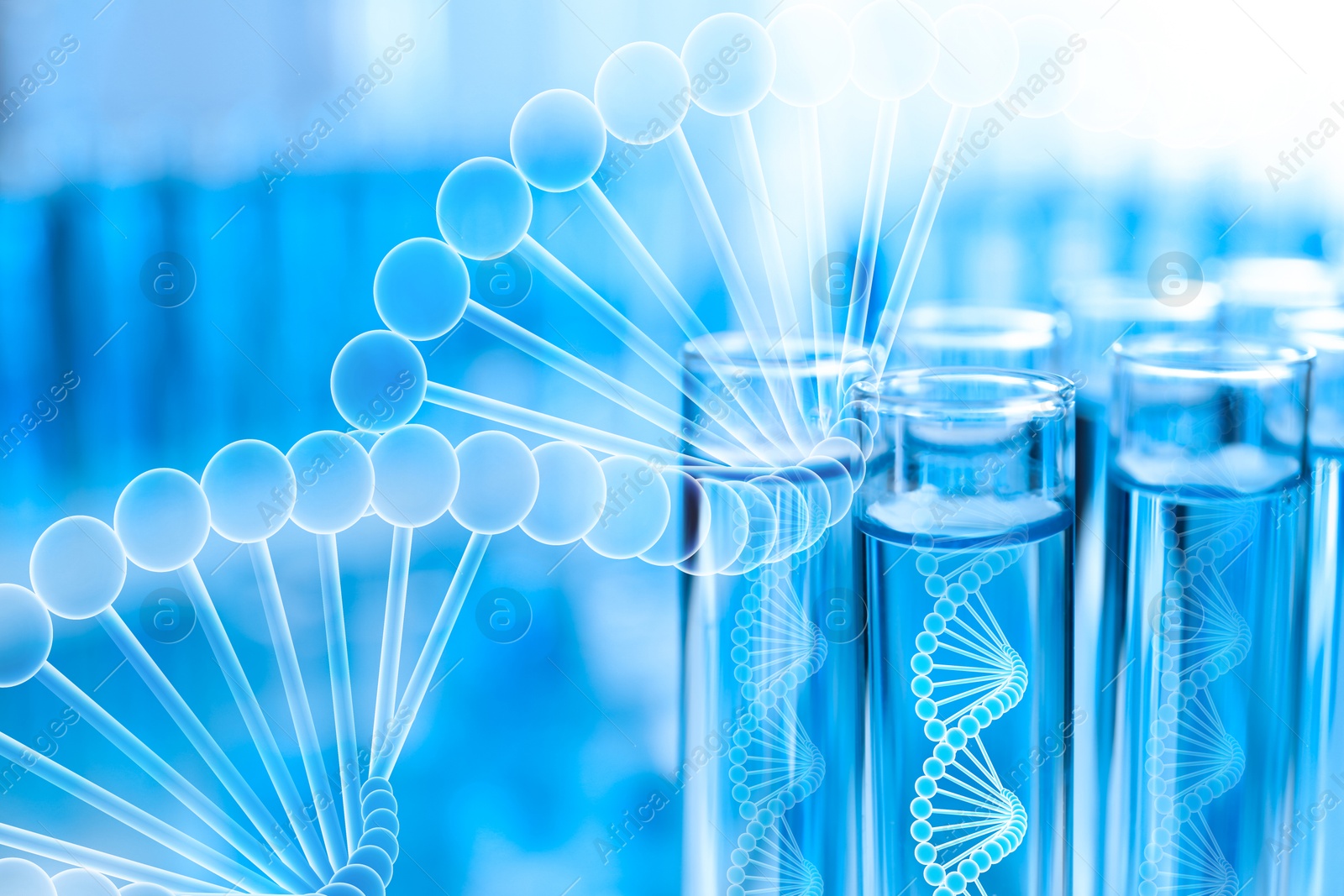 Image of Illustrations of DNA and test tubes with samples, double exposure