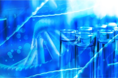 Image of Illustrations of DNA and test tubes with samples, double exposure