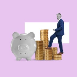 Image of Man going up on stacked coins to piggy bank on color background. Creative collage