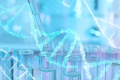 Image of Illustrations of DNA and test tubes with samples, double exposure