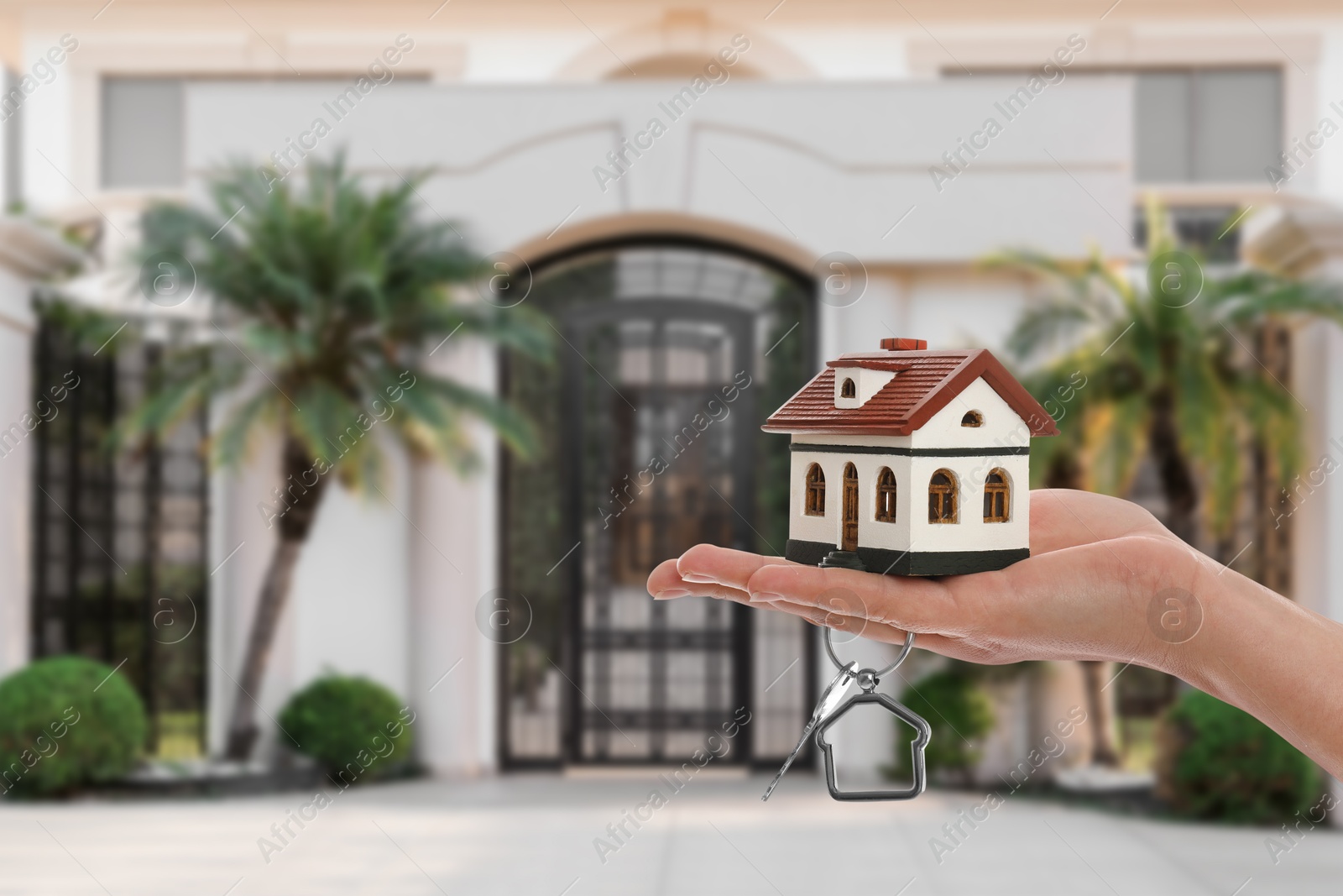 Image of Real estate agent holding house model and key against future dwelling, closeup