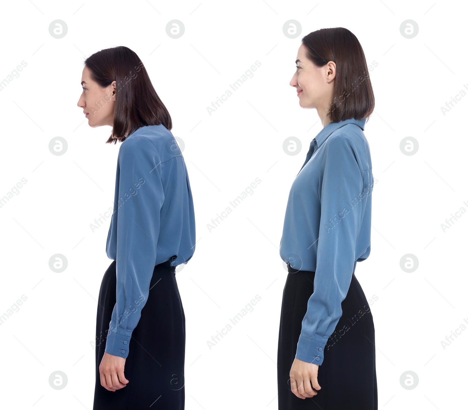 Image of Woman with poor and good posture on white background, collage of photos