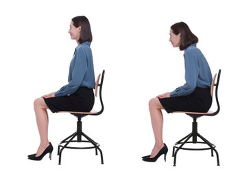 Image of Woman with poor and good posture sitting on chair on white background, collage of photos