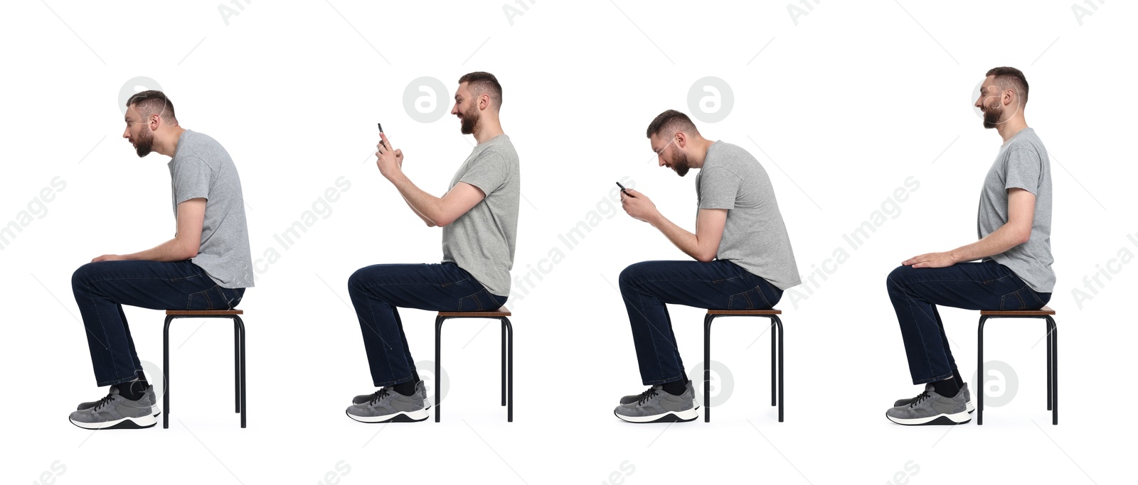 Image of Man with poor and good posture sitting on stool on white background, collage of photos