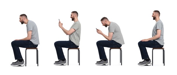 Image of Man with poor and good posture sitting on stool on white background, collage of photos