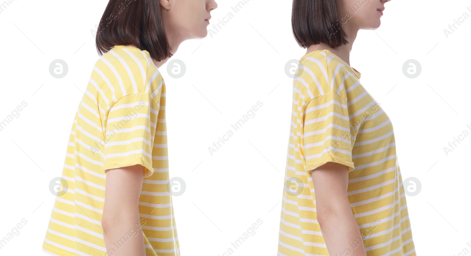 Image of Woman with poor and good posture on white background, closeup. Collage of photos