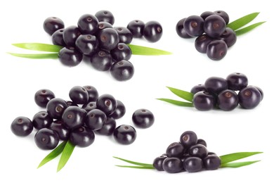 Image of Set of acai berries with green leaves isolated on white