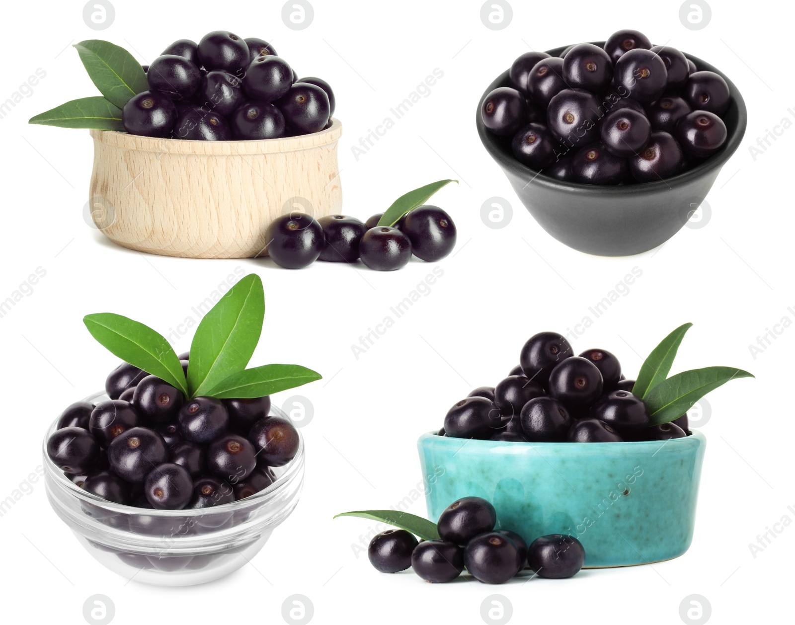 Image of Set of acai berries in bowls isolated on white