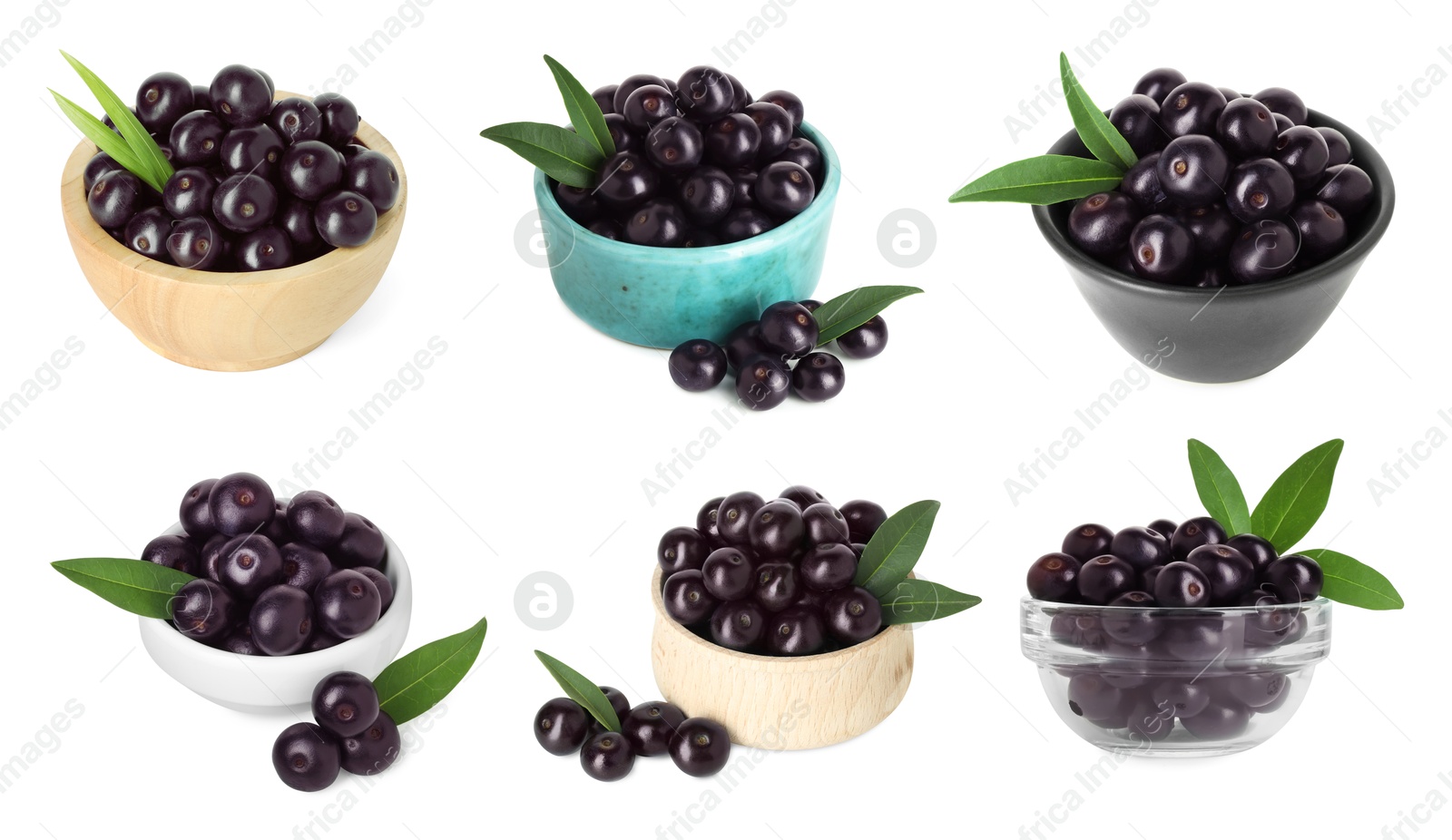 Image of Set of acai berries in bowls isolated on white