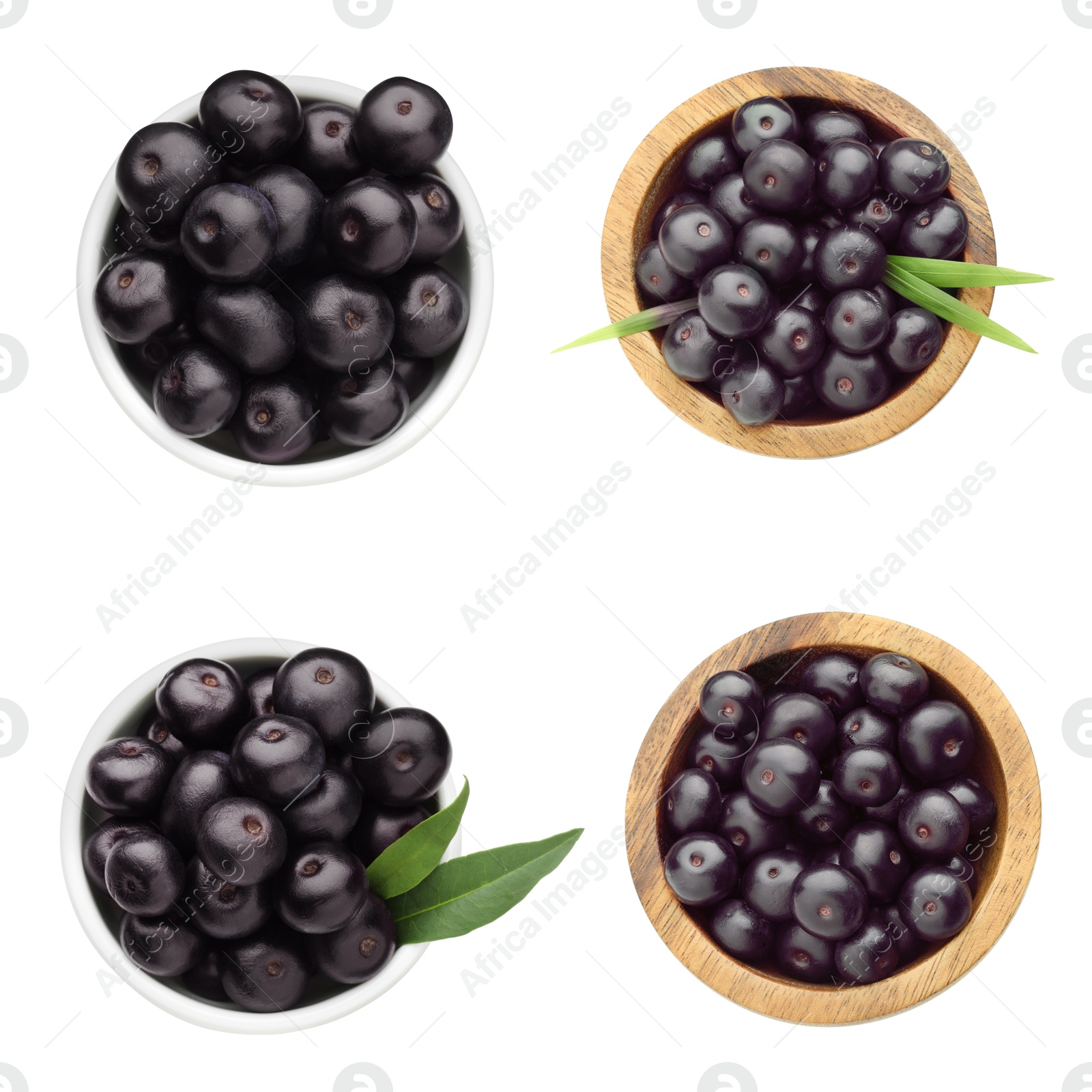 Image of Set of acai berries in bowls isolated on white, top view