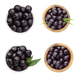 Image of Set of acai berries in bowls isolated on white, top view