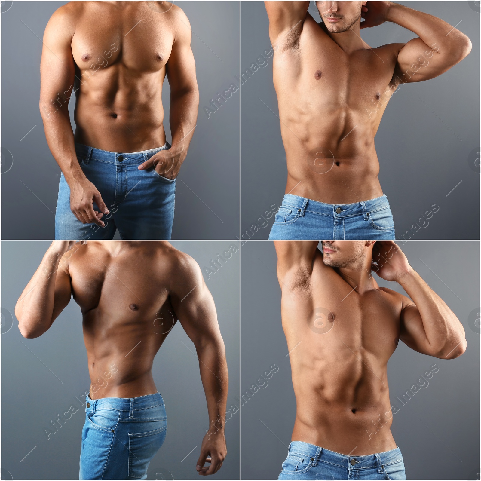 Image of Sporty man with muscular torso on grey background, closeup. Collage of photos