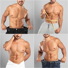 Image of Sporty man with muscular torso on light grey background, closeup. Collage of photos