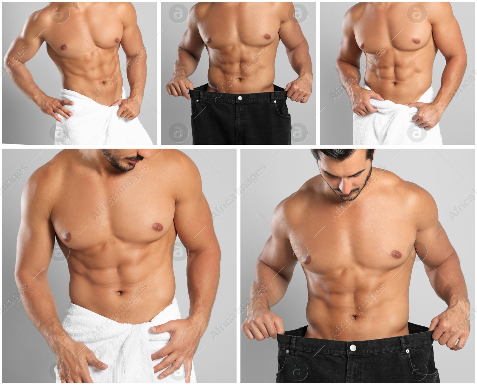 Image of Sporty man with muscular torso on light grey background, closeup. Collage of photos